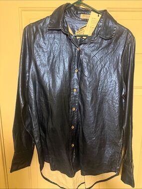 Women’s  Metallic Navy Button-Up Shirt